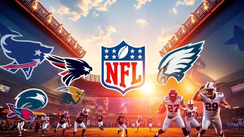 NFL logos and stadium exteriors